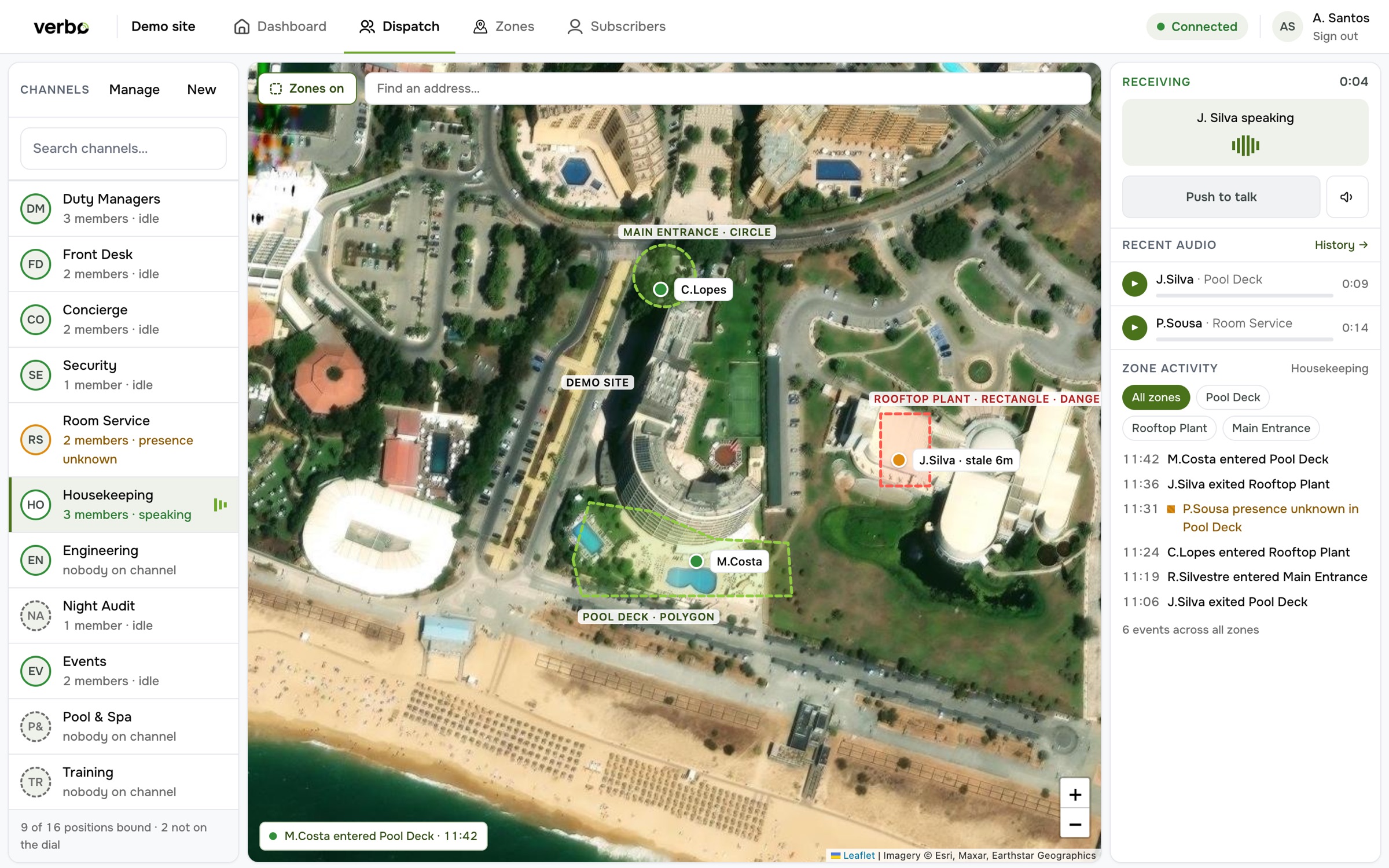 The Verbo dispatcher console: channels, a live map with zones and worker positions, and the push-to-talk panel